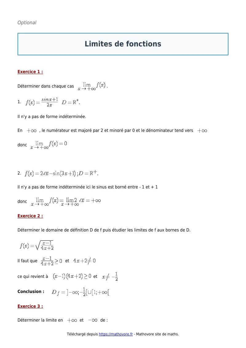 Exercices corrigés de maths en première : Limites de fonctions à imprimer en PDF