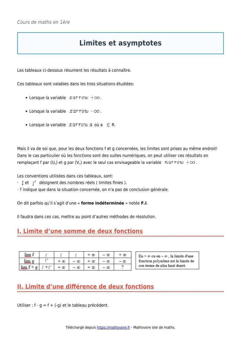Cours de maths en première : Limites et asymptotes à télécharger en PDF