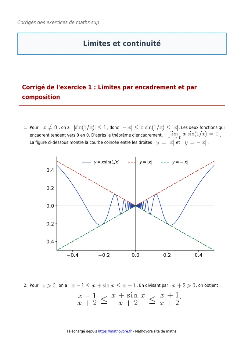 Exercices corrigés de maths en maths sup : Limites et continuité à imprimer en PDF