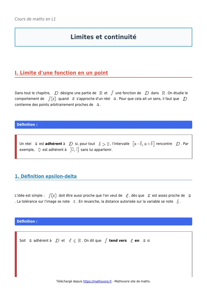 Cours de maths en L1 : Limites et continuité à télécharger en PDF