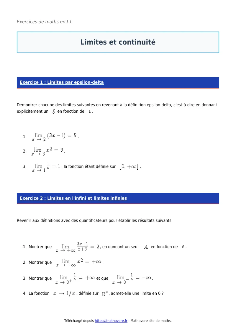 Exercices corrigés de maths en L1 : Limites et continuité à imprimer en PDF