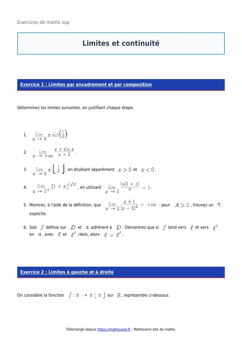 Exercices corrigés de maths en maths sup : Limites et continuité à imprimer en PDF