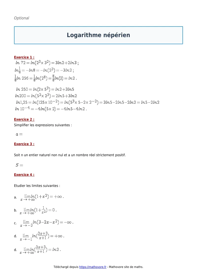 Exercices corrigés de maths en terminale : Logarithme népérien à imprimer en PDF