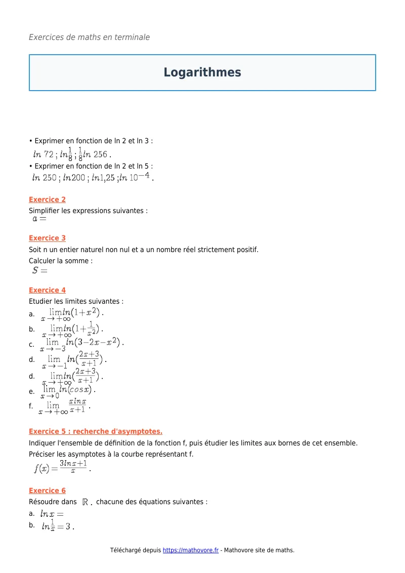 Exercices corrigés de maths en terminale : Logarithmes à imprimer en PDF