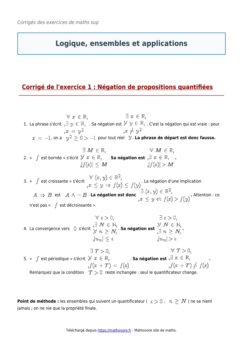 Exercices corrigés de maths en maths sup : Logique, ensembles et applications à imprimer en PDF