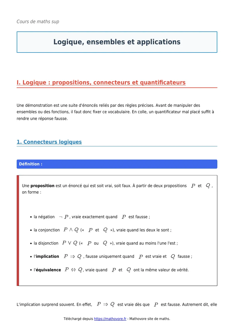 Cours de maths en maths sup : Logique, ensembles et applications à télécharger en PDF