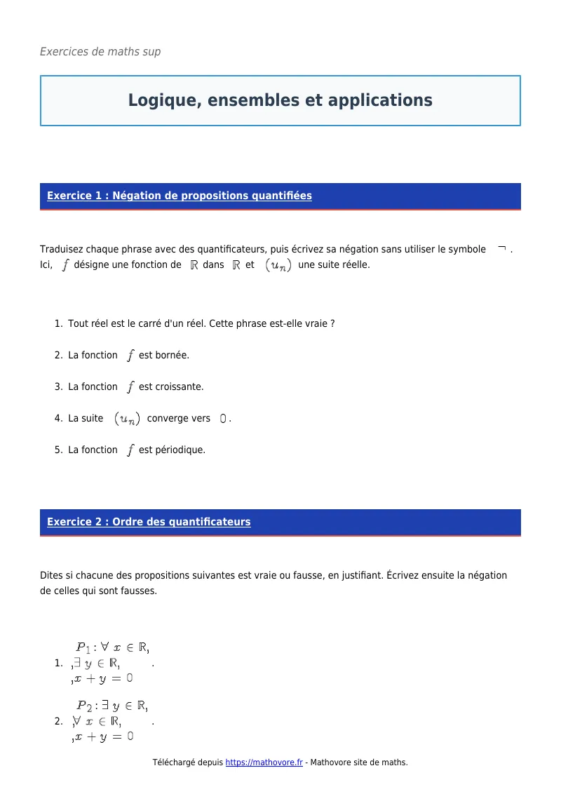 Exercices corrigés de maths en maths sup : Logique, ensembles et applications à imprimer en PDF