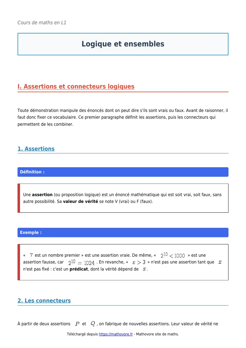 Cours de maths en L1 : Logique et ensembles à télécharger en PDF