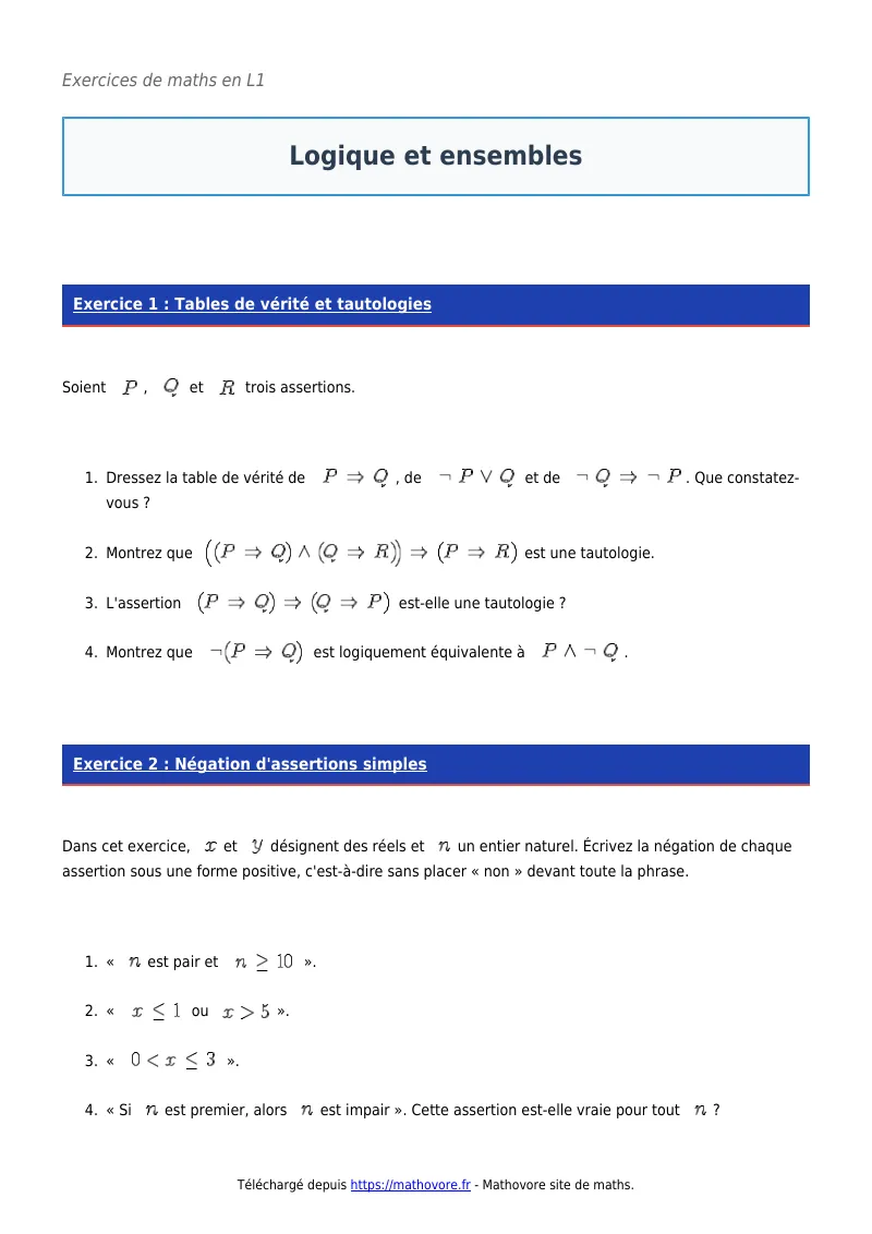 Exercices corrigés de maths en L1 : Logique et ensembles à imprimer en PDF
