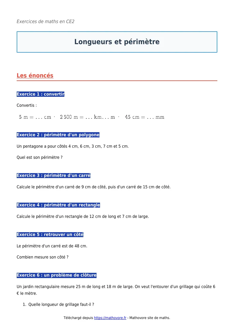 Exercices corrigés de maths en CE2 : Longueurs et périmètre à imprimer en PDF