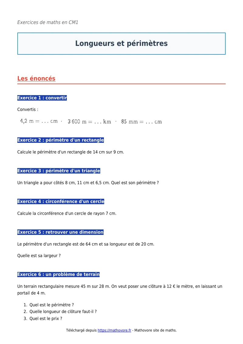 Exercices corrigés de maths en CM1 : Longueurs et périmètres à imprimer en PDF