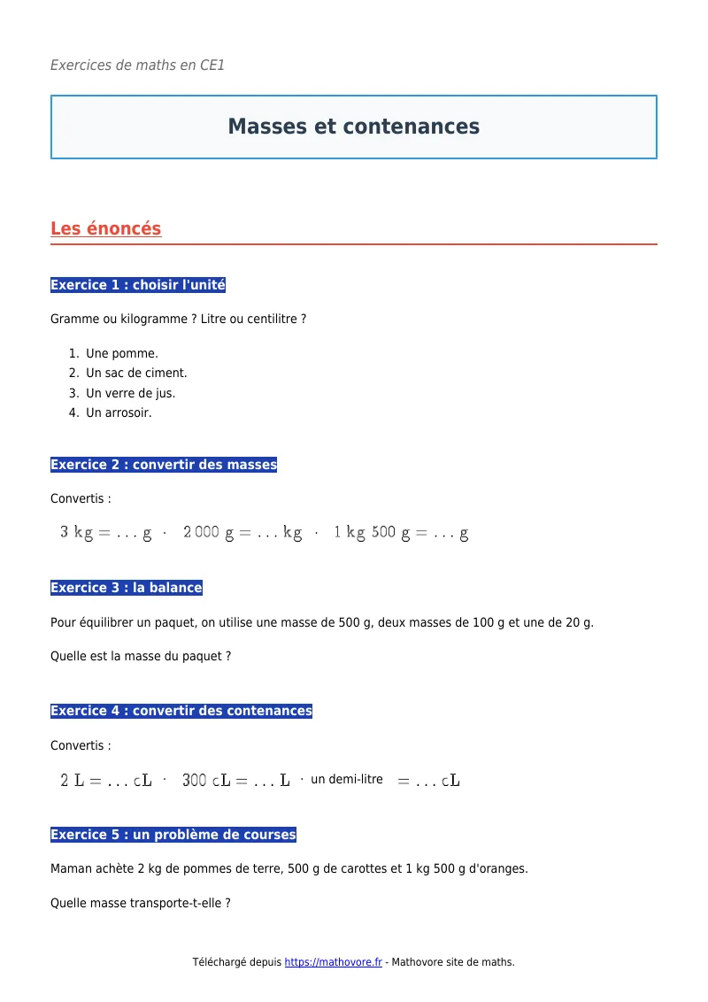 Exercices corrigés de maths en CE1 : Masses et contenances à imprimer en PDF