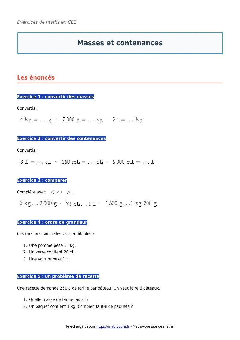 Exercices corrigés de maths en CE2 : Masses et contenances à imprimer en PDF