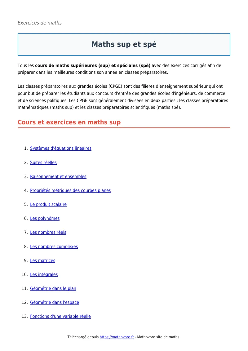 Exercices corrigés de maths : Maths sup et spé à imprimer en PDF