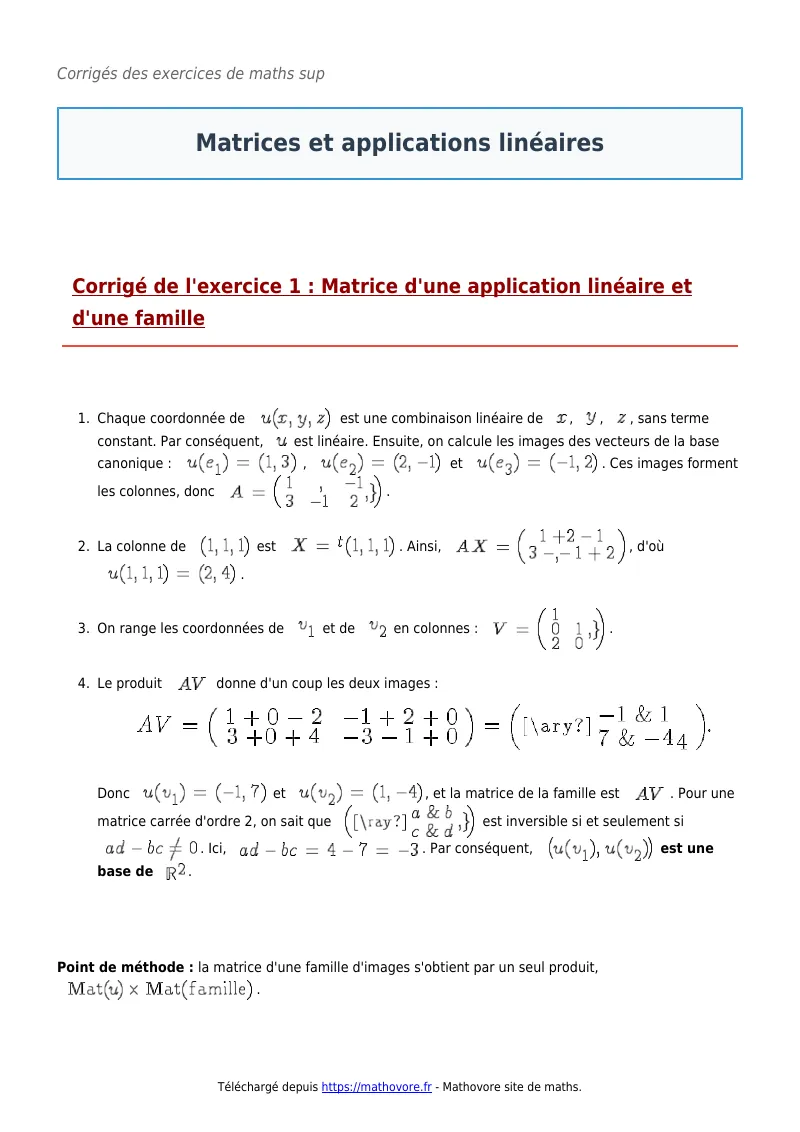 Exercices corrigés de maths en maths sup : Matrices et applications linéaires à imprimer en PDF