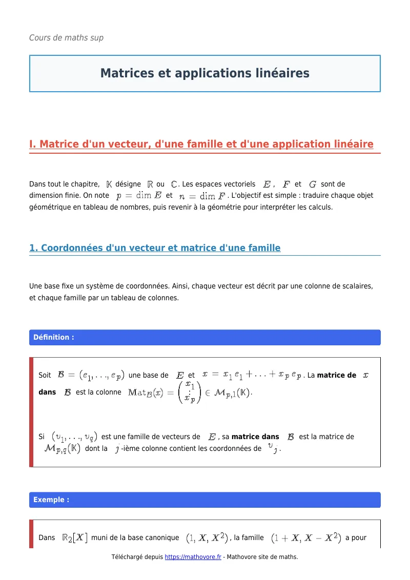 Cours de maths en maths sup : Matrices et applications linéaires à télécharger en PDF
