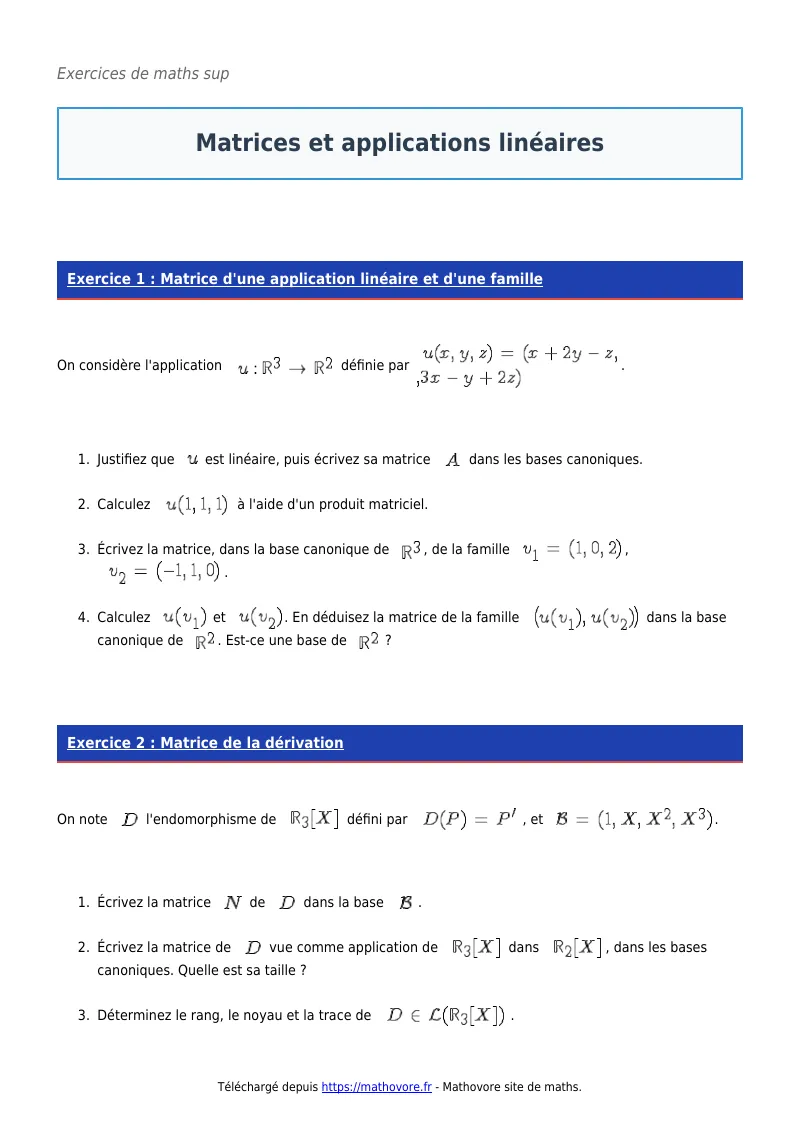 Exercices corrigés de maths en maths sup : Matrices et applications linéaires à imprimer en PDF