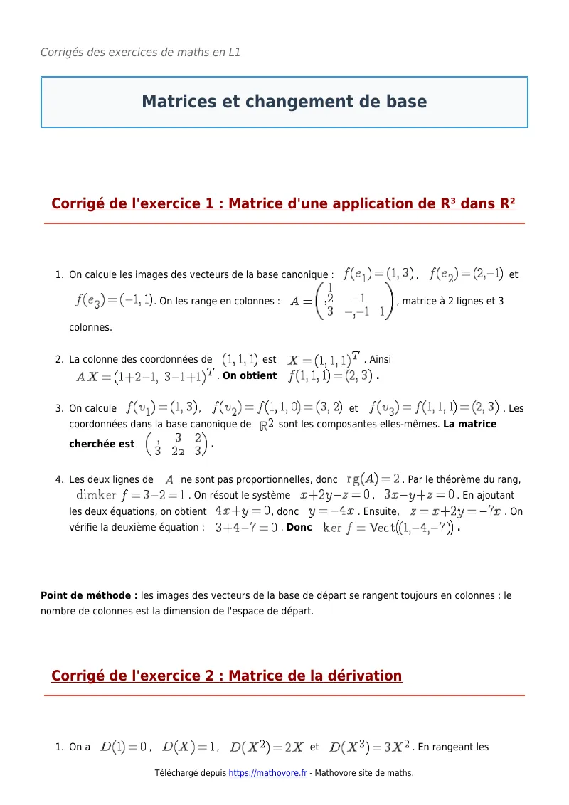 Exercices corrigés de maths en L1 : Matrices et changement de base à imprimer en PDF