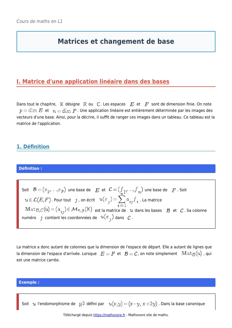 Cours de maths en L1 : Matrices et changement de base à télécharger en PDF