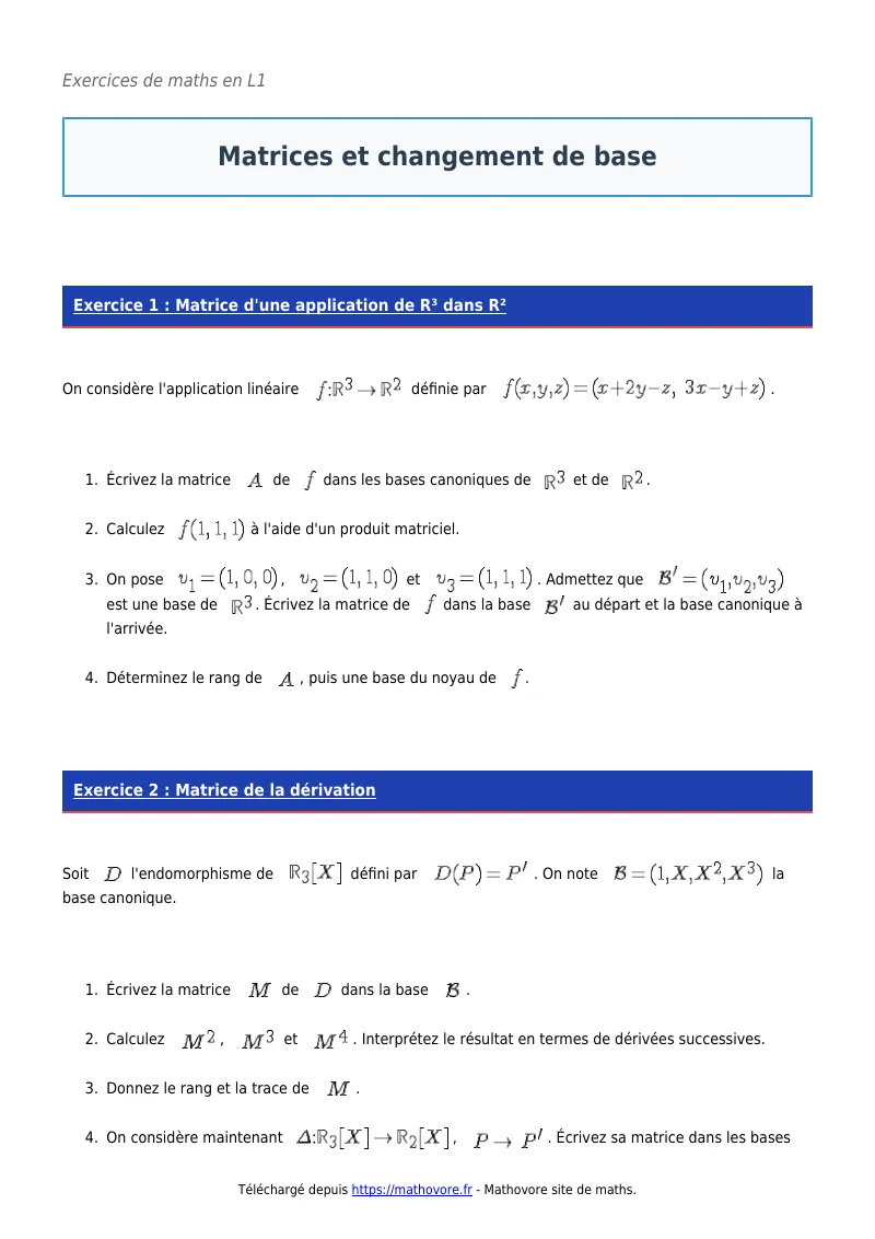 Exercices corrigés de maths en L1 : Matrices et changement de base à imprimer en PDF