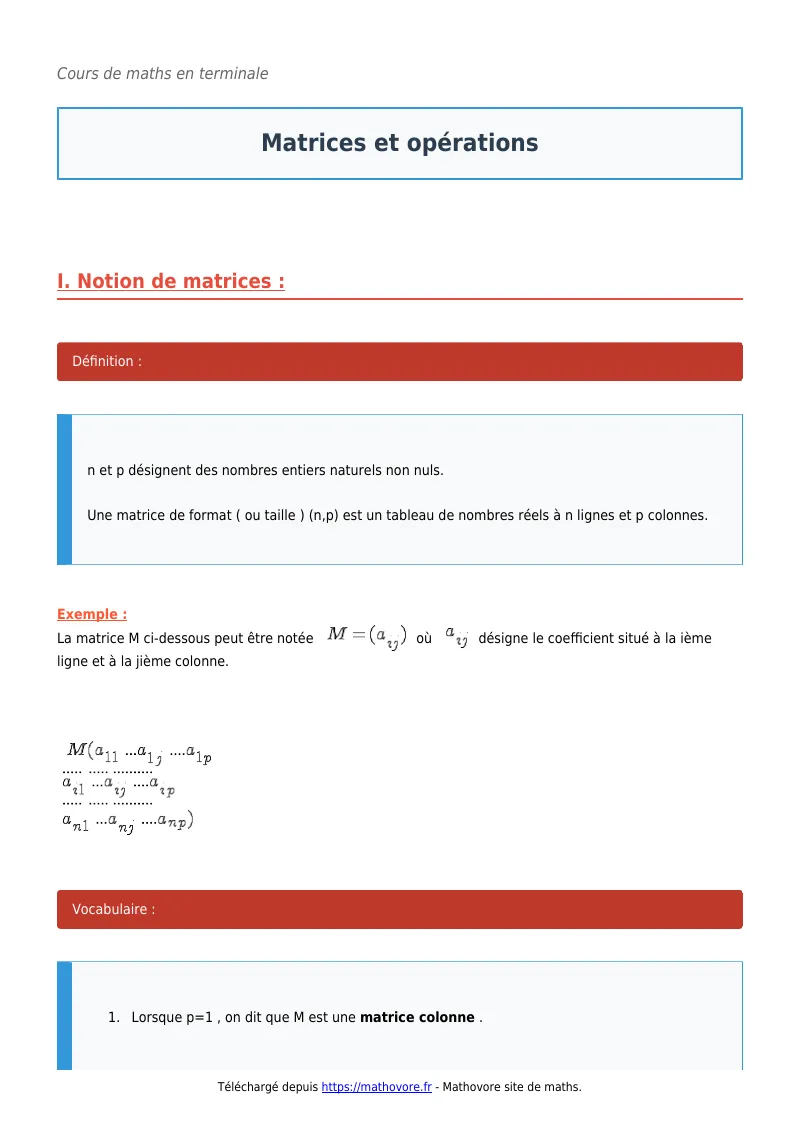 Cours de maths en terminale : Matrices et opérations à télécharger en PDF