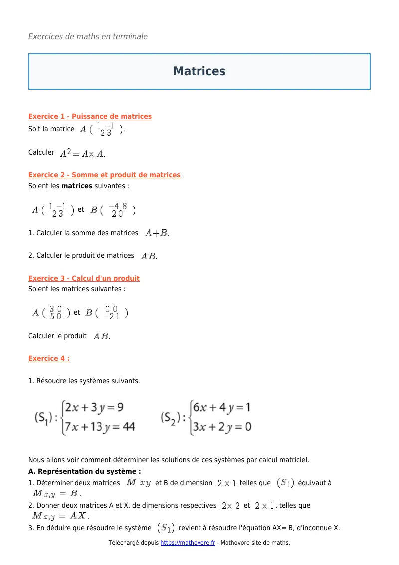 Exercices corrigés de maths en terminale : Matrices à imprimer en PDF