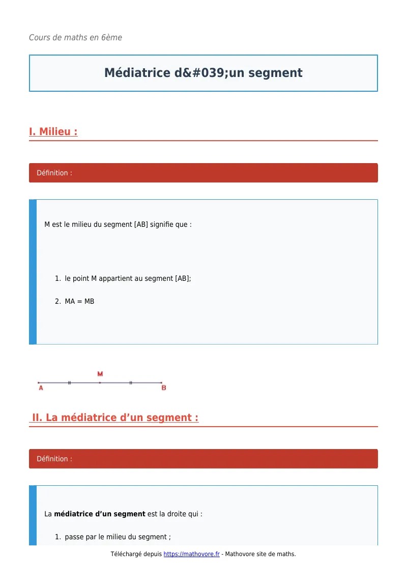 Cours de maths en 6ème : Médiatrice d’un segment à télécharger en PDF