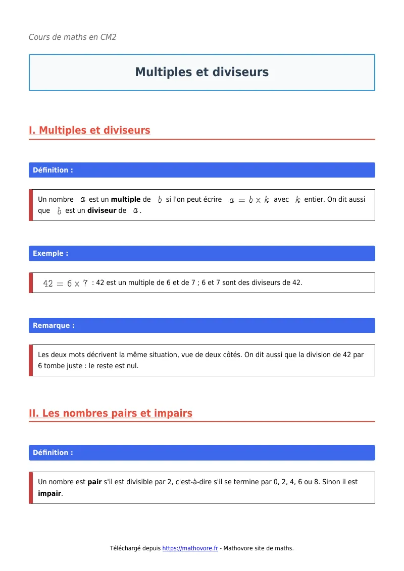 Cours de maths en CM2 : Multiples et diviseurs à télécharger en PDF