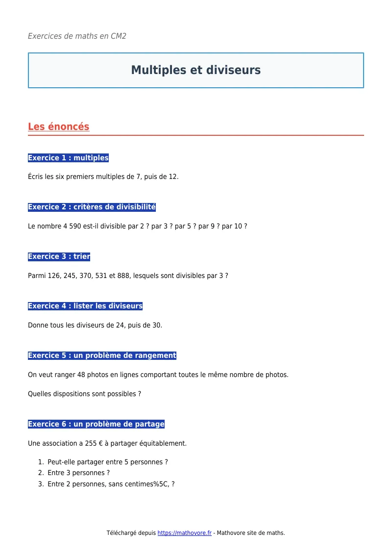 Exercices corrigés de maths en CM2 : Multiples et diviseurs à imprimer en PDF