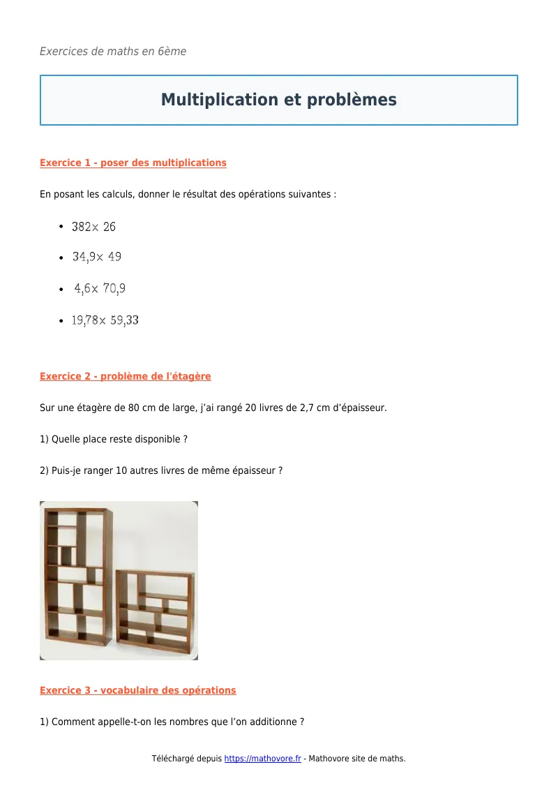Exercices corrigés de maths en 6ème : Multiplication et problèmes à imprimer en PDF