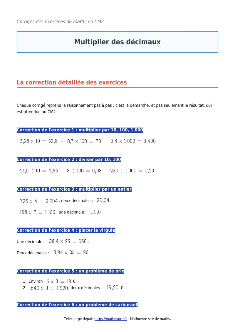 Exercices corrigés de maths en CM2 : Multiplier des décimaux à imprimer en PDF