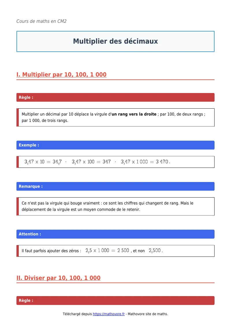 Cours de maths en CM2 : Multiplier des décimaux à télécharger en PDF