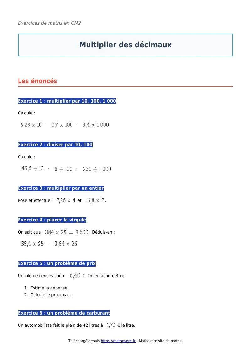 Exercices corrigés de maths en CM2 : Multiplier des décimaux à imprimer en PDF