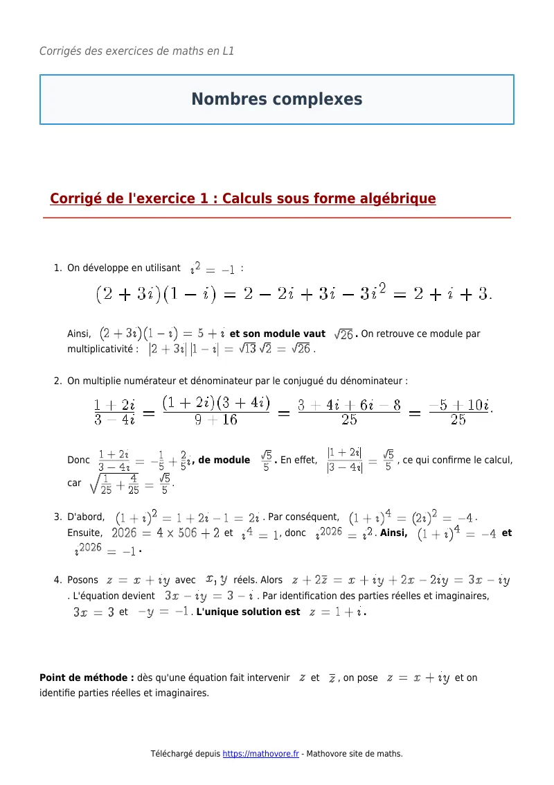 Exercices corrigés de maths en L1 : Nombres complexes à imprimer en PDF