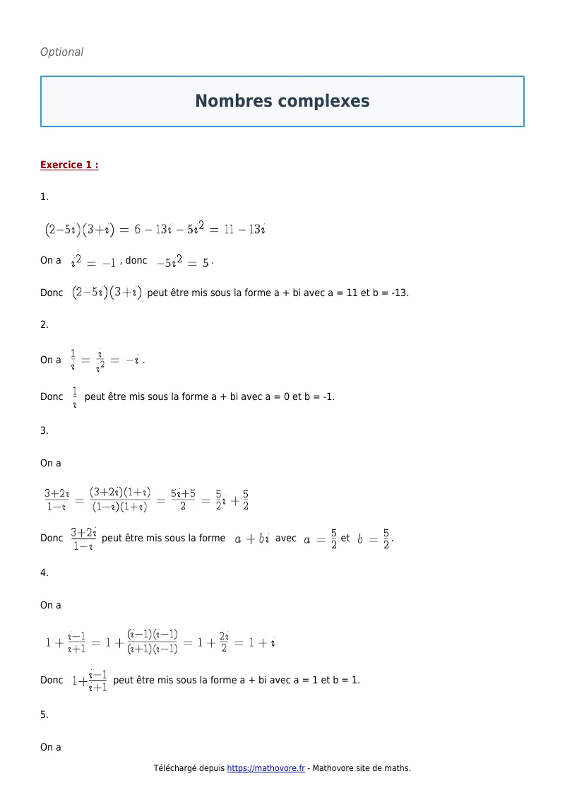 Exercices corrigés de maths en terminale : Nombres complexes à imprimer en PDF