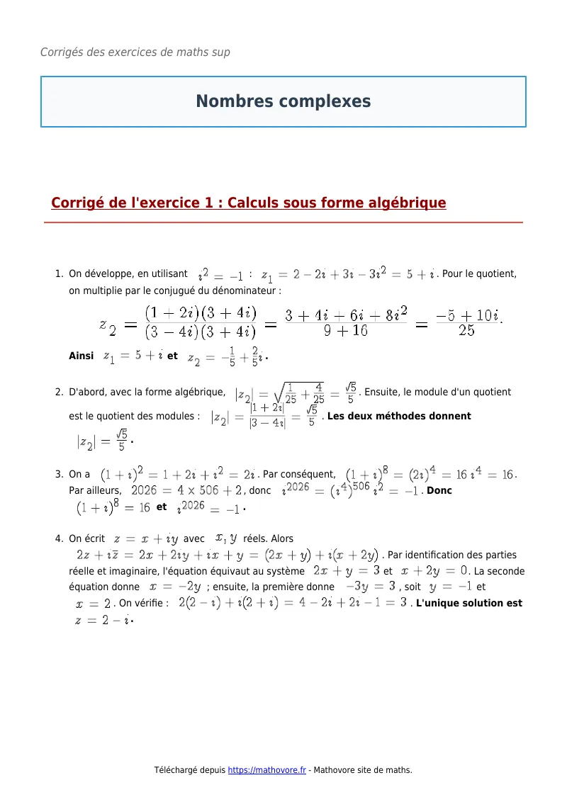 Exercices corrigés de maths en maths sup : Nombres complexes à imprimer en PDF