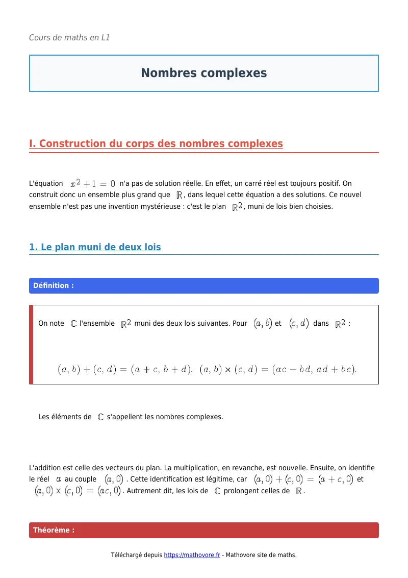 Cours de maths en L1 : Nombres complexes à télécharger en PDF