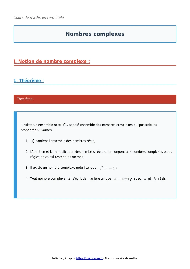 Cours de maths en terminale : Nombres complexes à télécharger en PDF