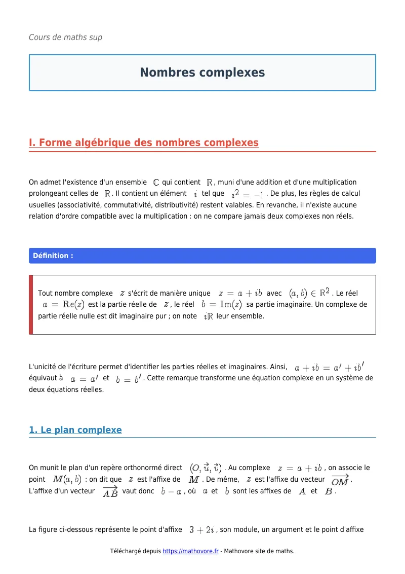 Cours de maths en maths sup : Nombres complexes à télécharger en PDF