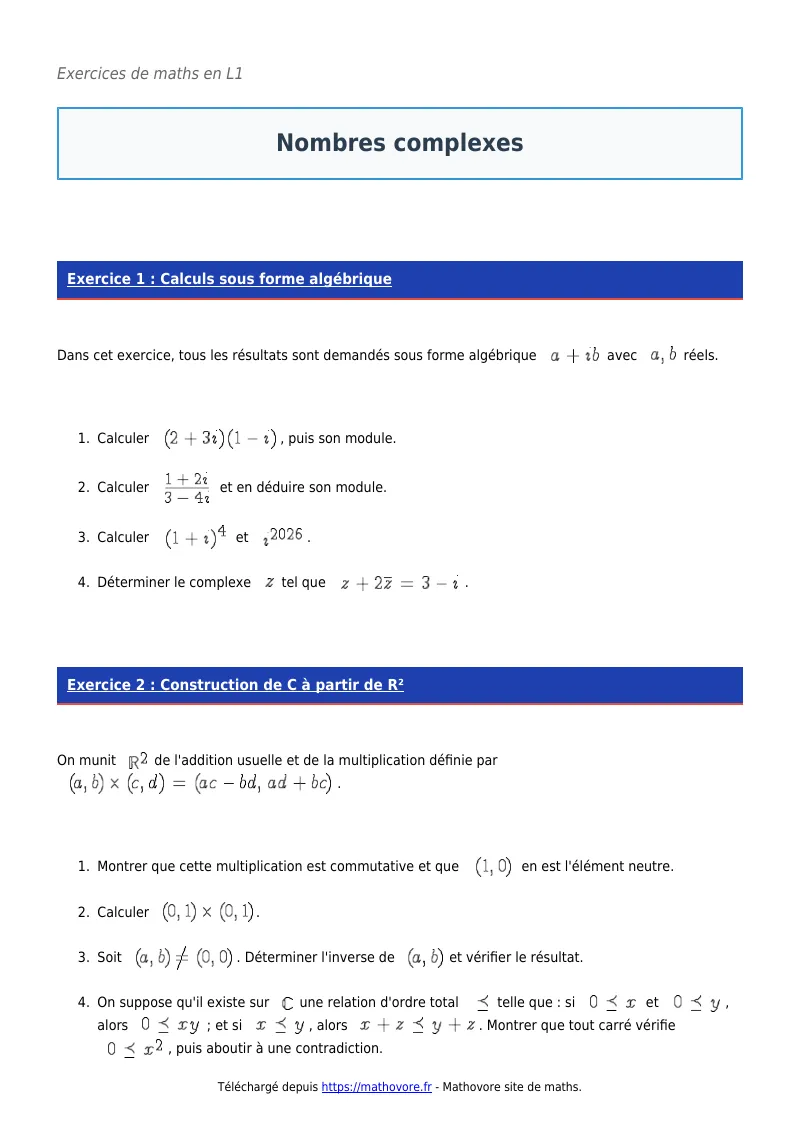 Exercices corrigés de maths en L1 : Nombres complexes à imprimer en PDF