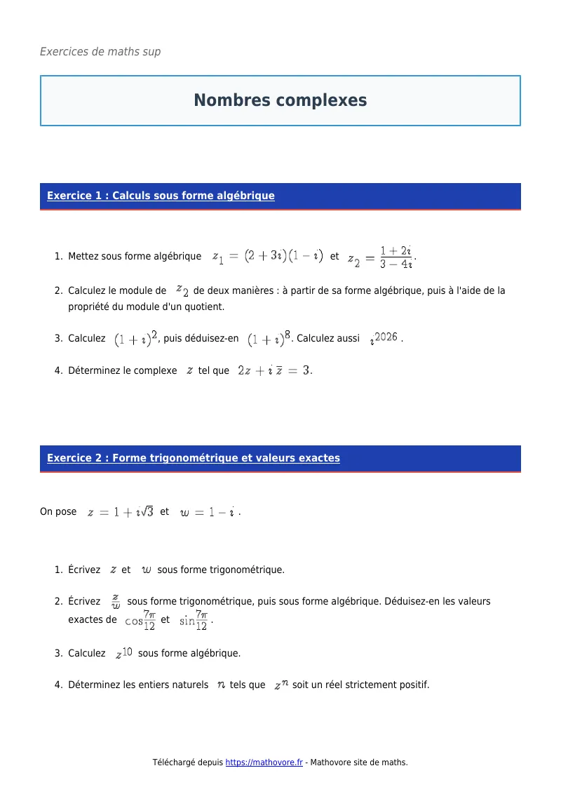 Exercices corrigés de maths en maths sup : Nombres complexes à imprimer en PDF