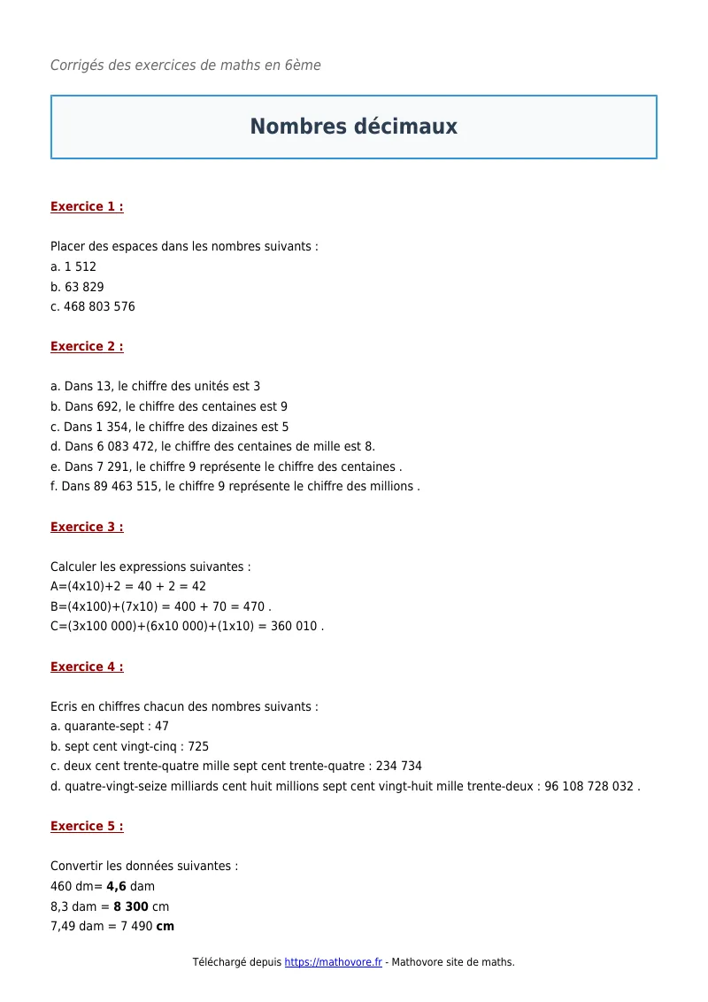 Exercices corrigés de maths en 6ème : Nombres décimaux à imprimer en PDF