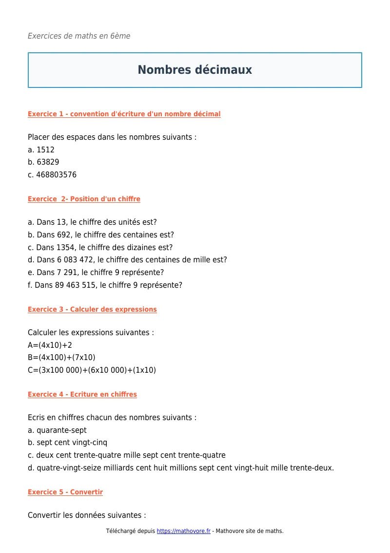 Exercices corrigés de maths en 6ème : Nombres décimaux à imprimer en PDF