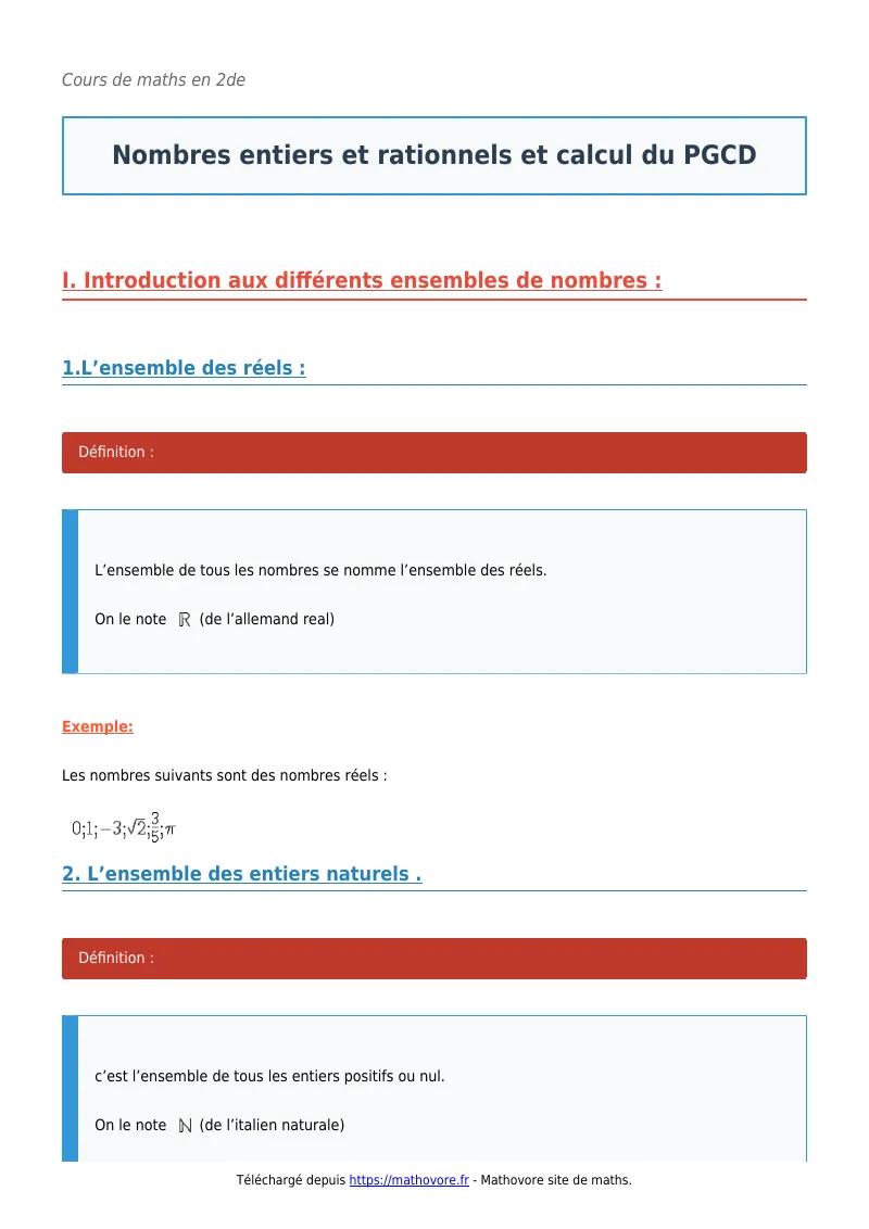 Cours de maths en seconde : Nombres entiers et rationnels et calcul du PGCD à télécharger en PDF