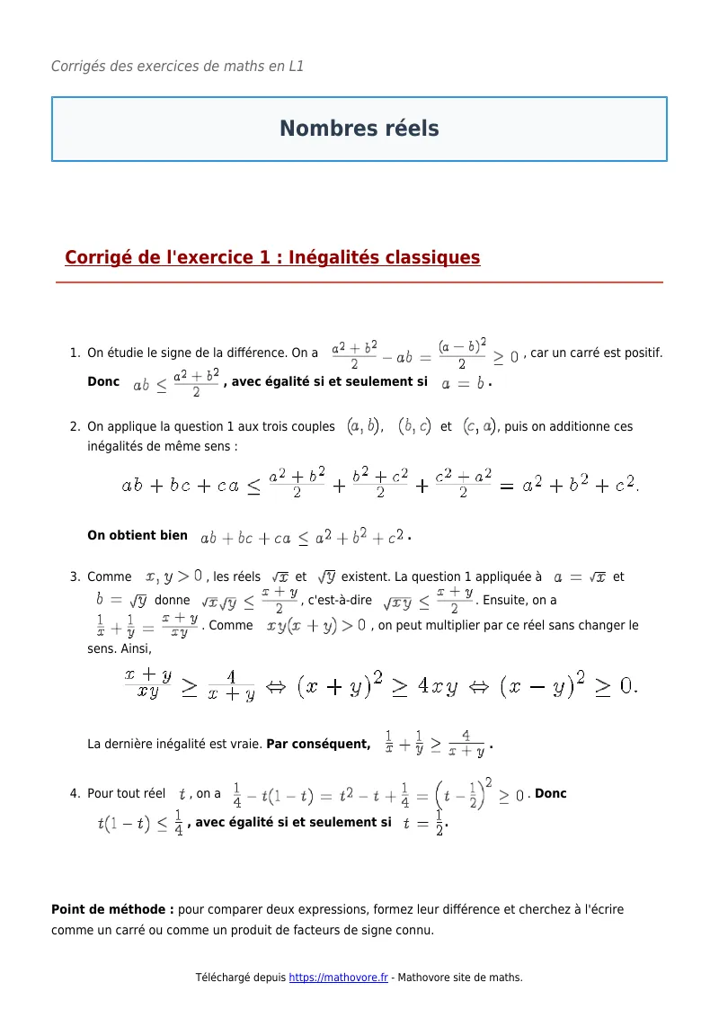 Exercices corrigés de maths en L1 : Nombres réels à imprimer en PDF