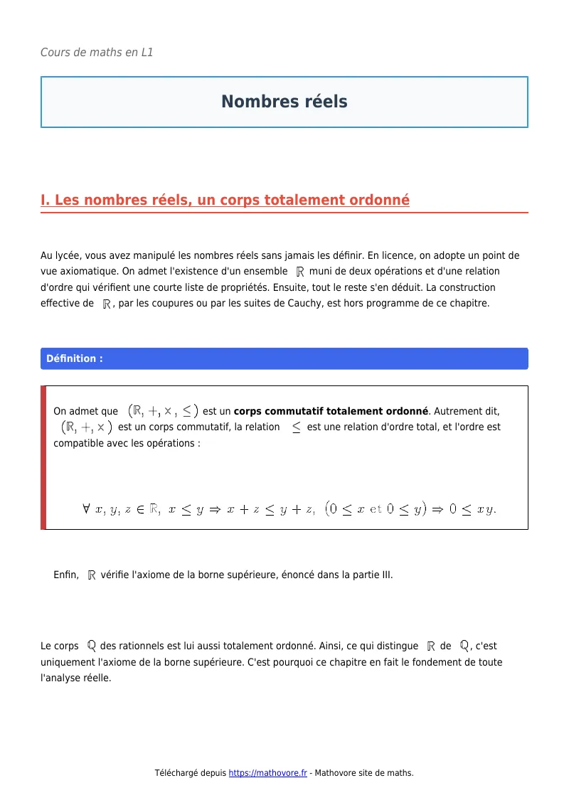 Cours de maths en L1 : Nombres réels à télécharger en PDF