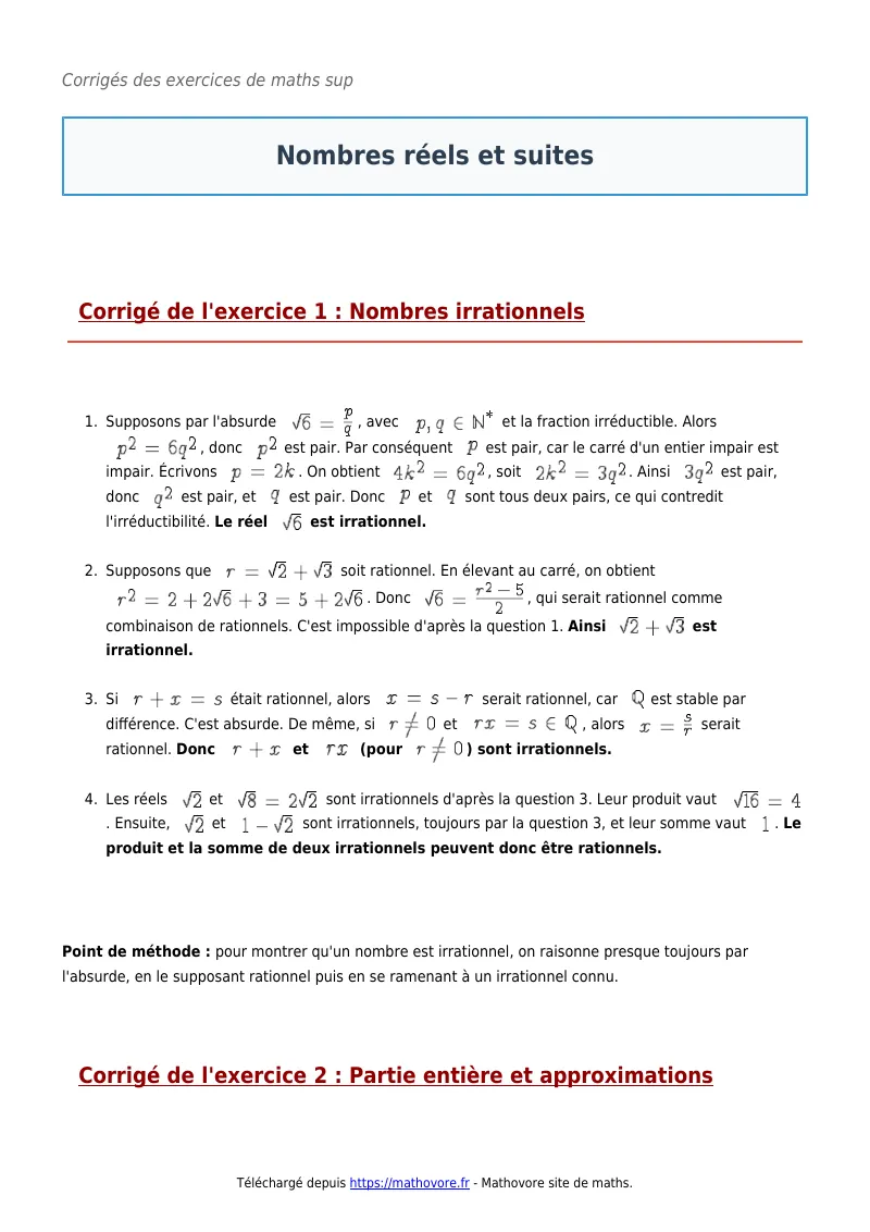 Exercices corrigés de maths en maths sup : Nombres réels et suites à imprimer en PDF