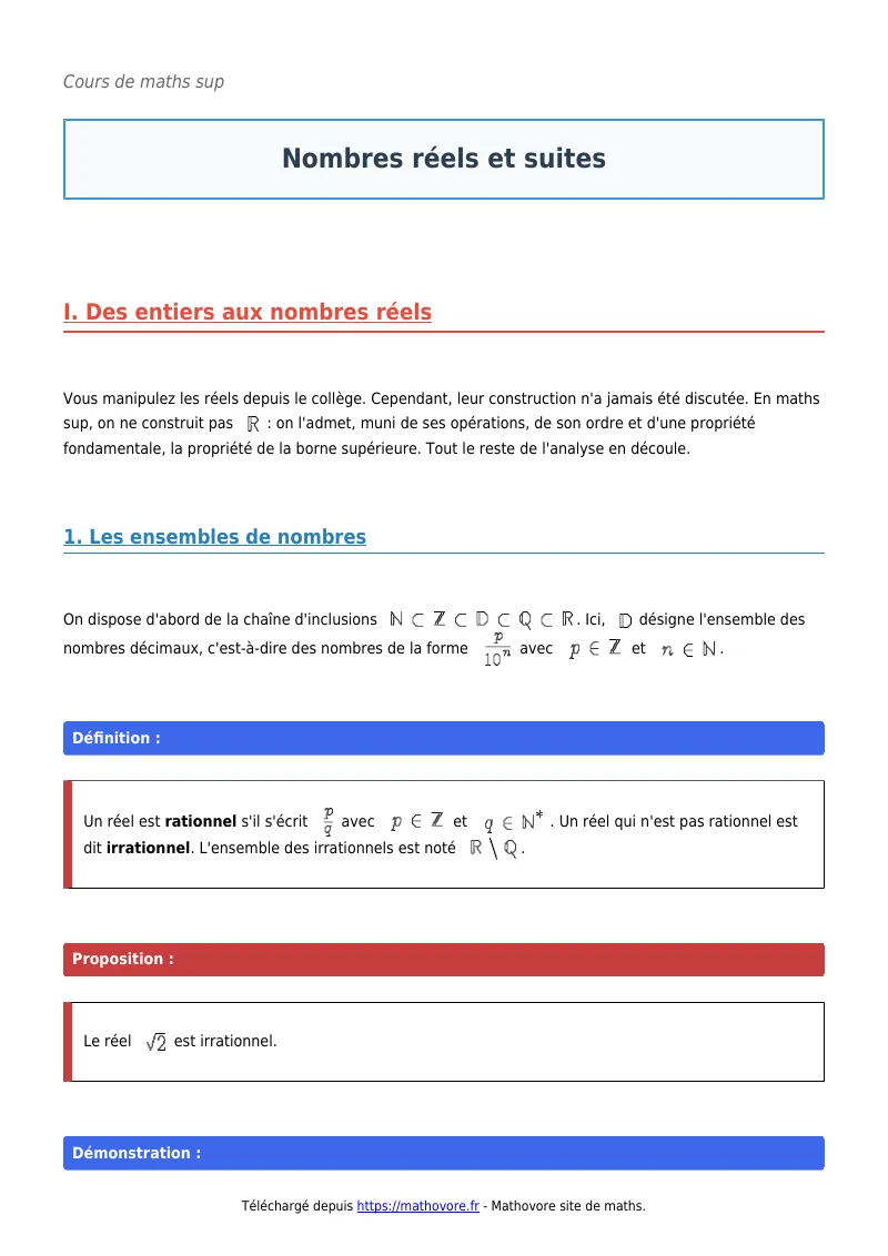 Cours de maths en maths sup : Nombres réels et suites à télécharger en PDF