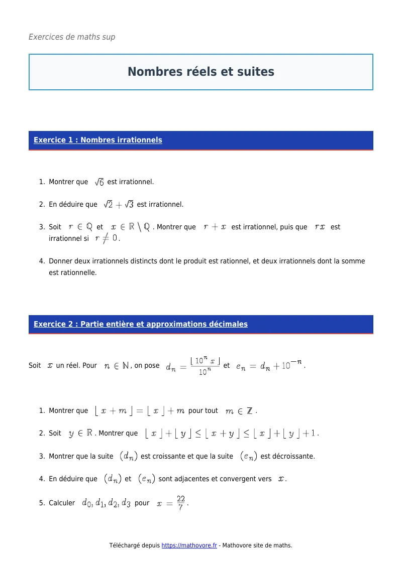 Exercices corrigés de maths en maths sup : Nombres réels et suites à imprimer en PDF