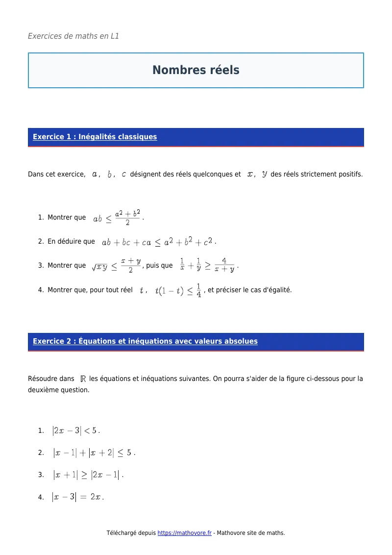 Exercices corrigés de maths en L1 : Nombres réels à imprimer en PDF